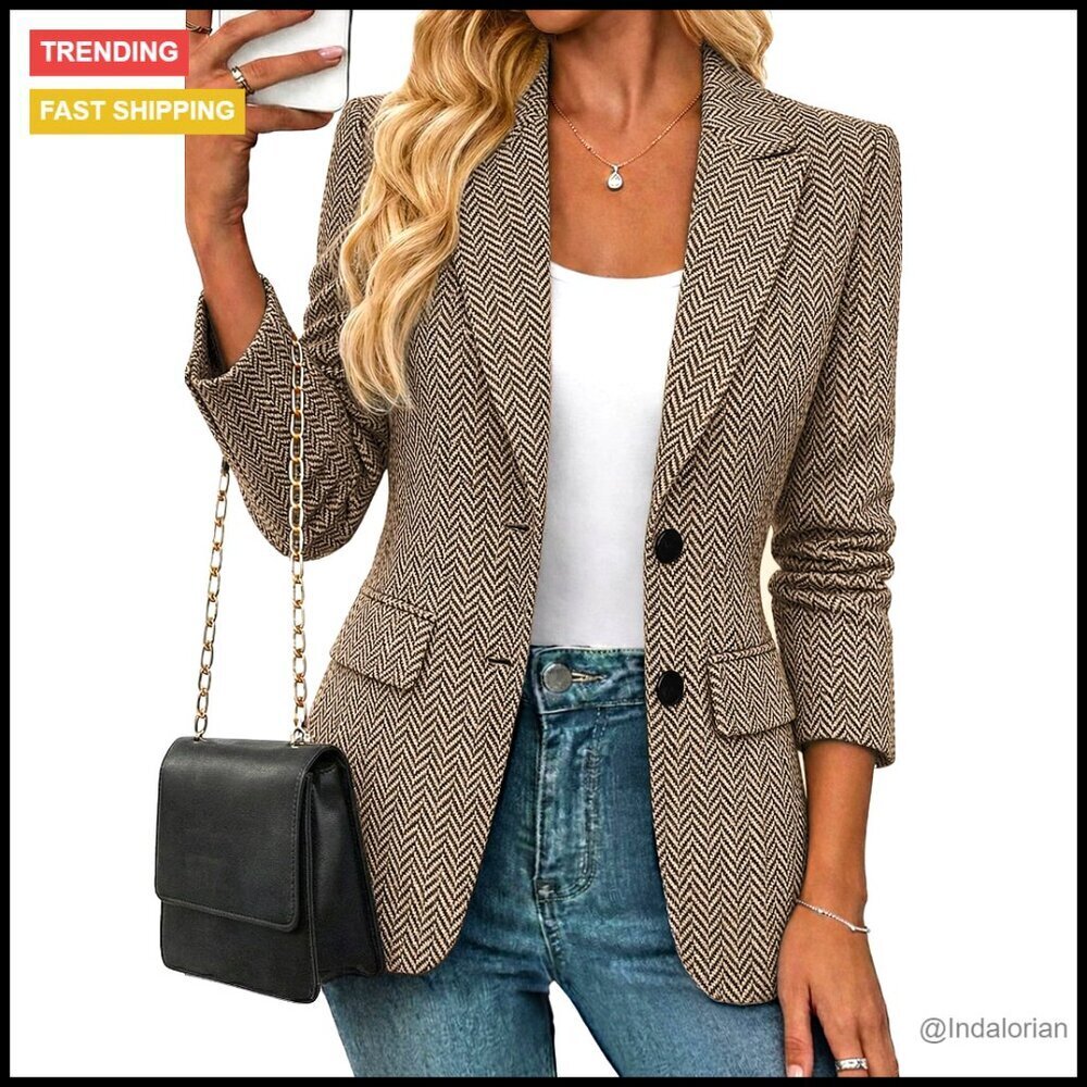 Herringbone Tweed Blazer Tailored Fit Fully Lined Notched Lapel Work Office